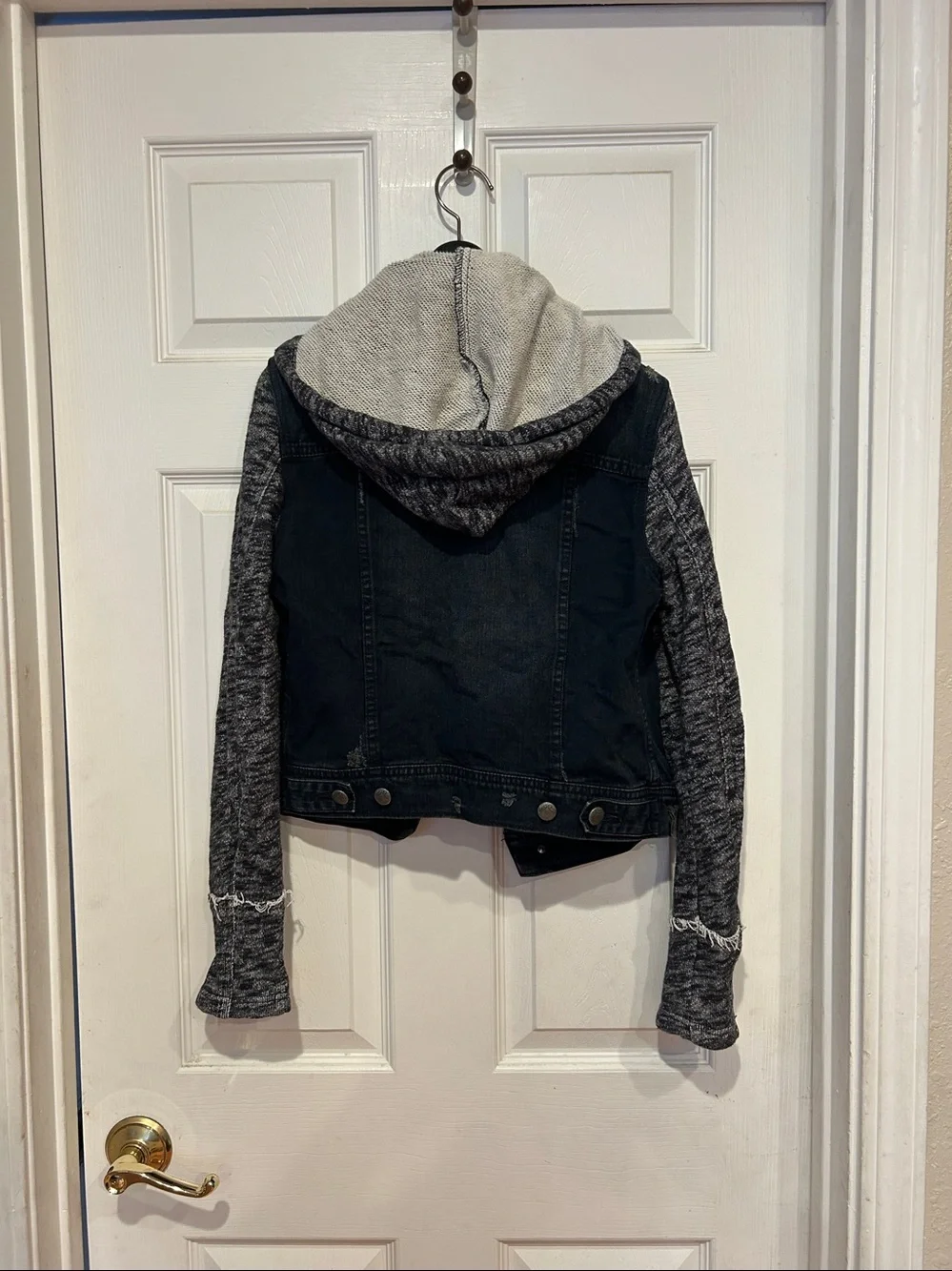 Free People Dark Wash Denim Jacket with Heather Gray Knit Hood & Sleeves - Picture 3 of 3